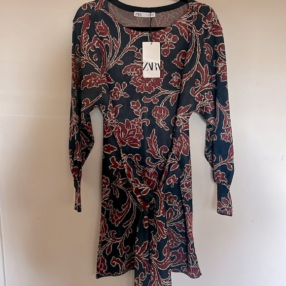 Zara Dresses & Skirts - NEW Zara Jacquard navy red long sleeve tie waist dress, women size S